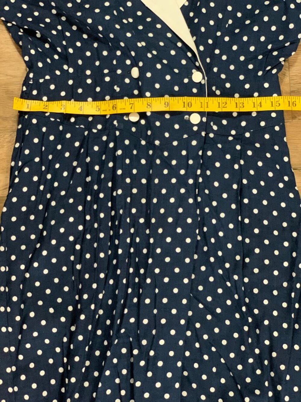Vintage 90s Polka Dot Dress Navy White Double Breasted Modest Rockabilly Sheath - Picture 11 of 13